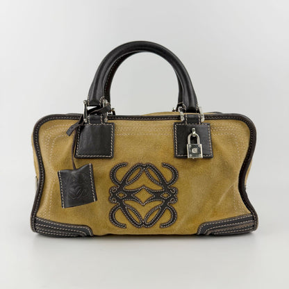 Loewe Amazona Anagram Handbag Suede Leather Mustard Brown Silver Vintage — view 3