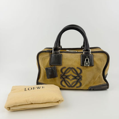 Loewe Amazona Anagram Handbag Suede Leather Mustard Brown Silver Vintage — view 2