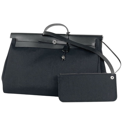 Hermes Herbag Zip GM 2-Way Toile Military Vache Hunter Handbag Canvas Noir