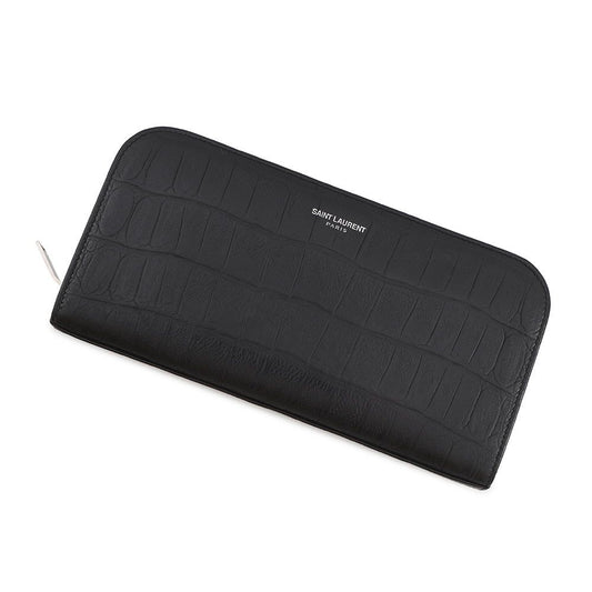 Saint Laurent Paris Wallet Zip Around Croco Embossed Leather Black