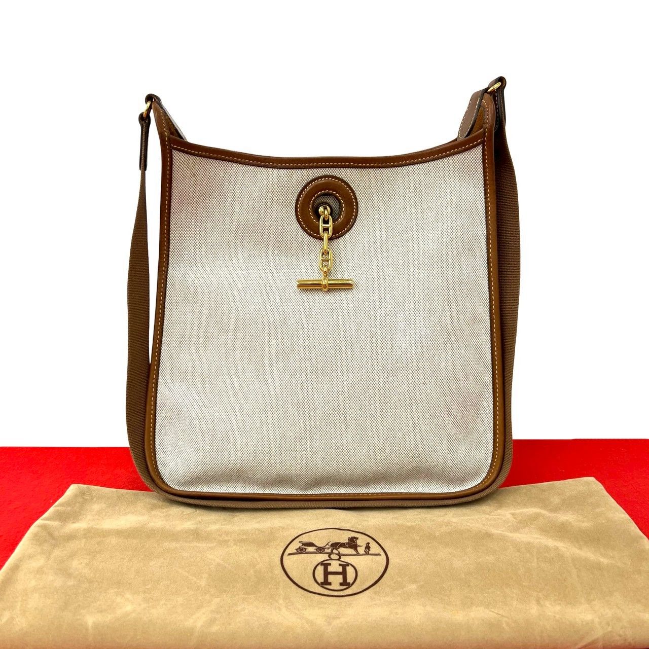 Hermes Vintage Vespa PM Toile H Buffalo Leather Shoulder Bag Natural