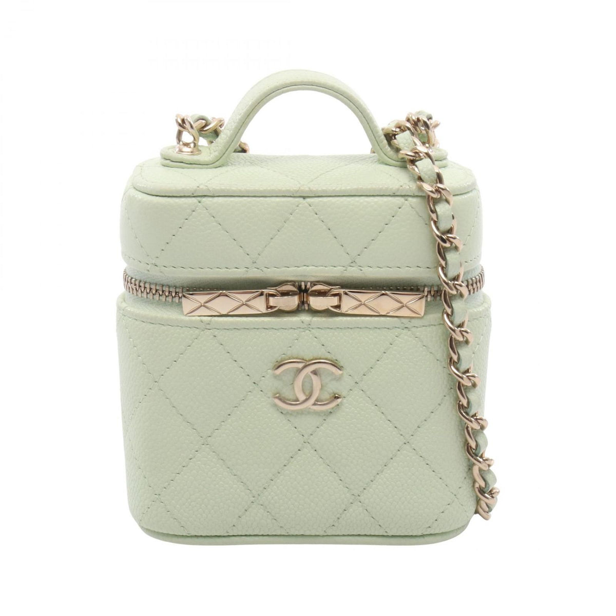 Chanel Shoulder Bag Quilted Yellow Green Caviar Leather Mini Vanity 2-Way Chain