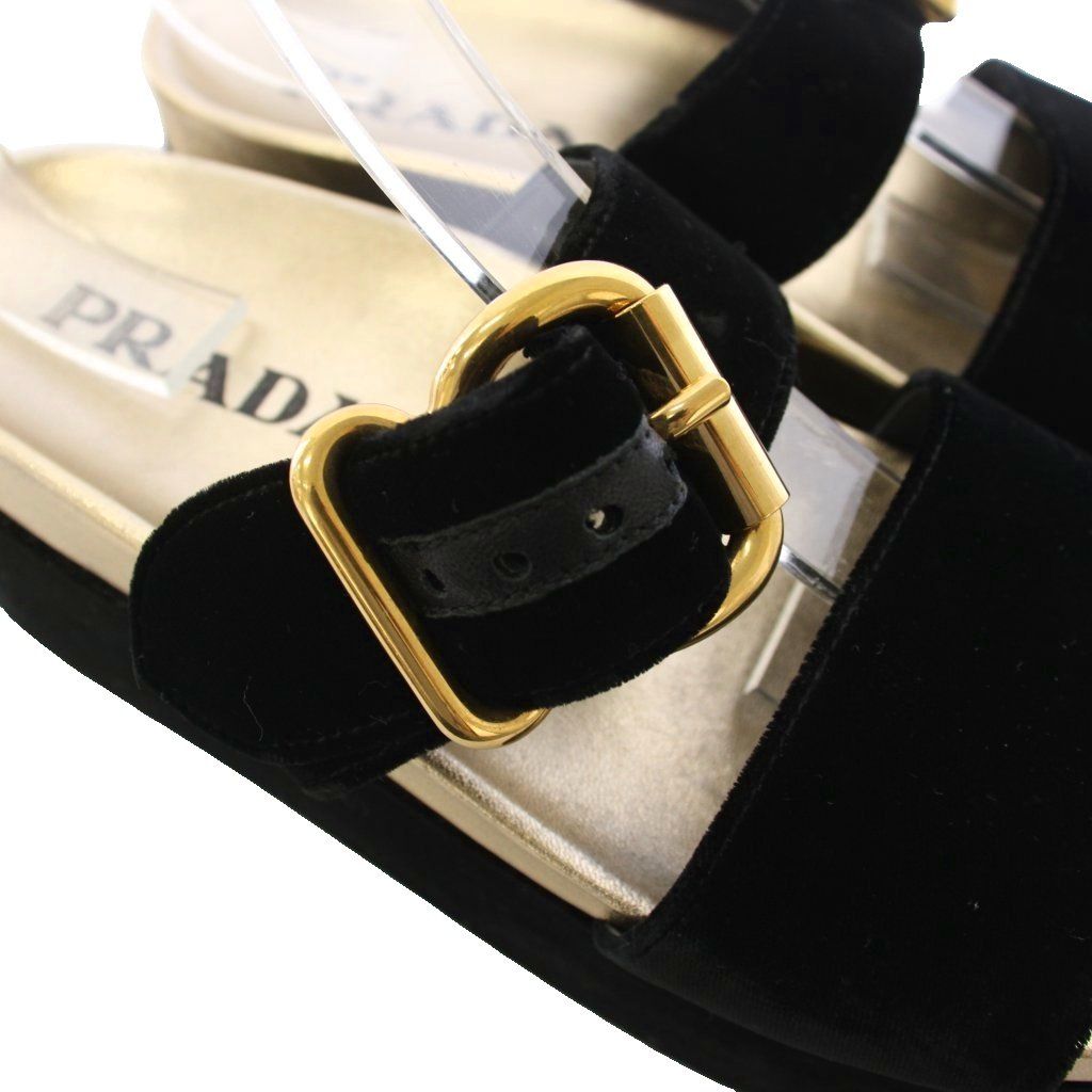 Prada Velvet Buckle Sandals Velour Thick Sole Double Strap Black TK 39 — view 6
