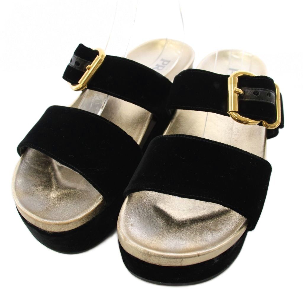 Prada Velvet Buckle Sandals Velour Thick Sole Double Strap Black TK 39