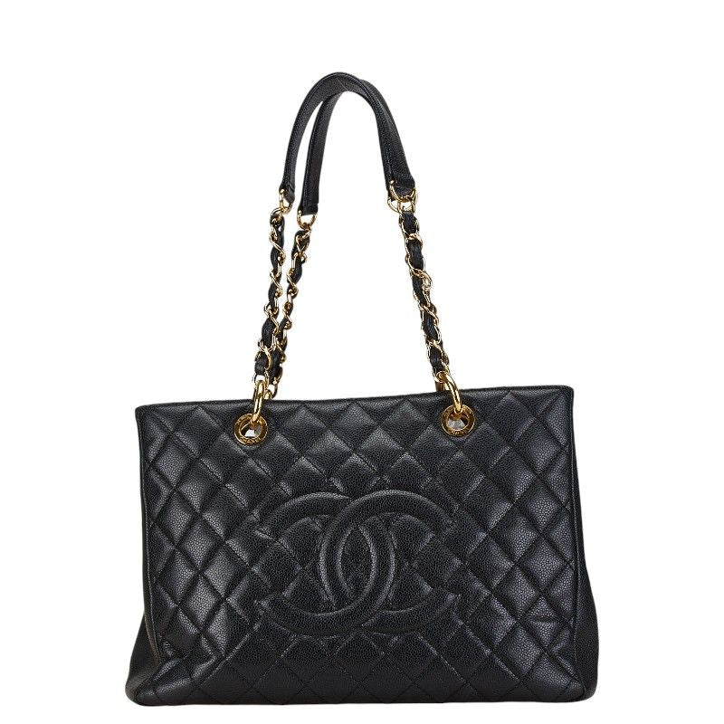 Chanel Quilted CC Logo Tote Shoulder Bag Black Caviar Leather