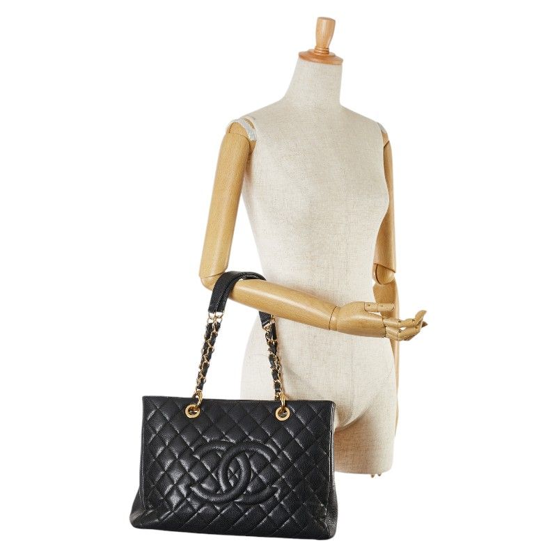 Chanel Quilted CC Logo Tote Shoulder Bag Black Caviar Leather — view 8
