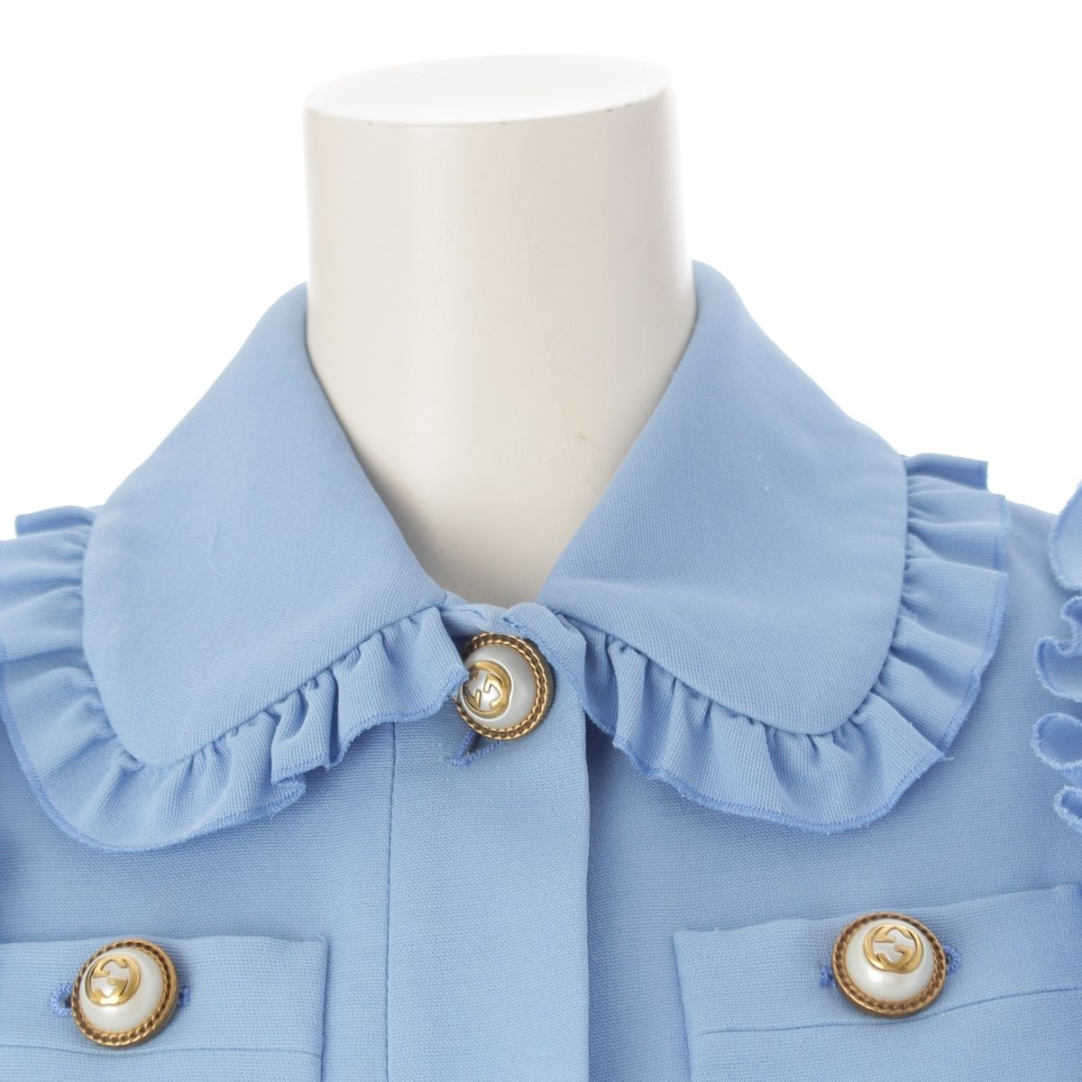 Gucci Interlocking G Silk Ruffle Jacket Skirt Set Knee Length Logo Button Blue — view 7
