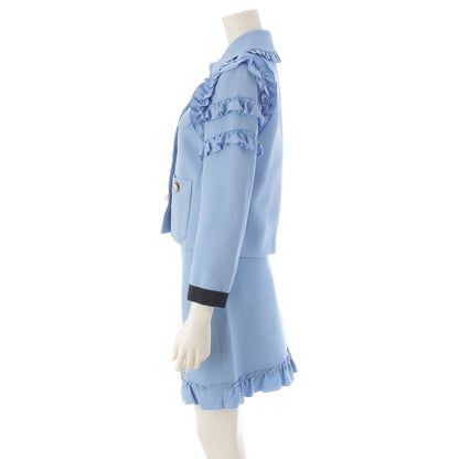 Gucci Interlocking G Silk Ruffle Jacket Skirt Set Knee Length Logo Button Blue — view 3
