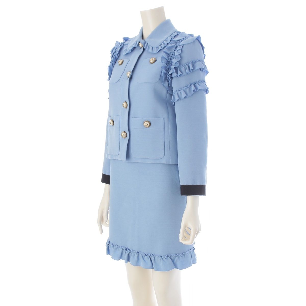 Gucci Interlocking G Silk Ruffle Jacket Skirt Set Knee Length Logo Button Blue — view 2