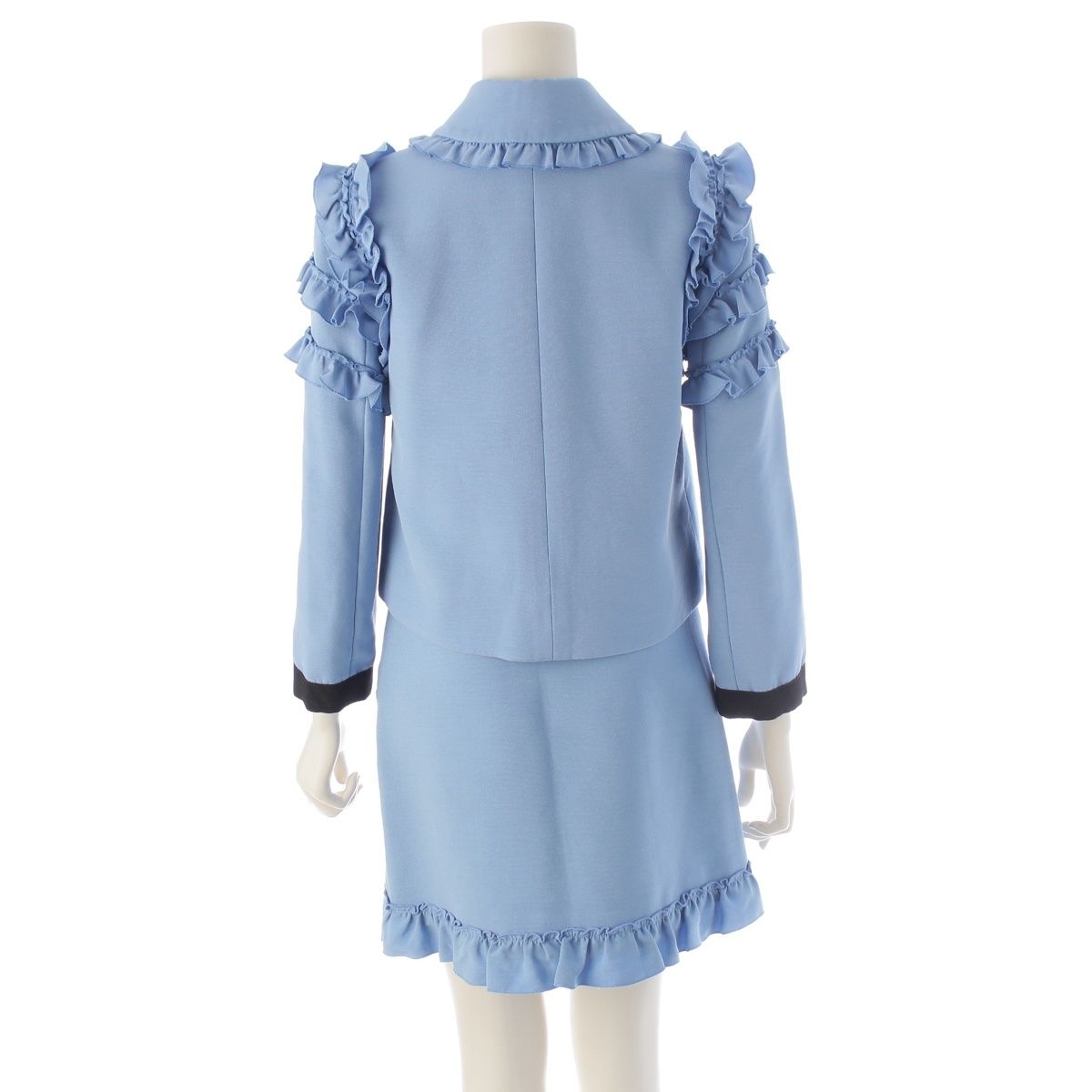 Gucci Interlocking G Silk Ruffle Jacket Skirt Set Knee Length Logo Button Blue — view 4