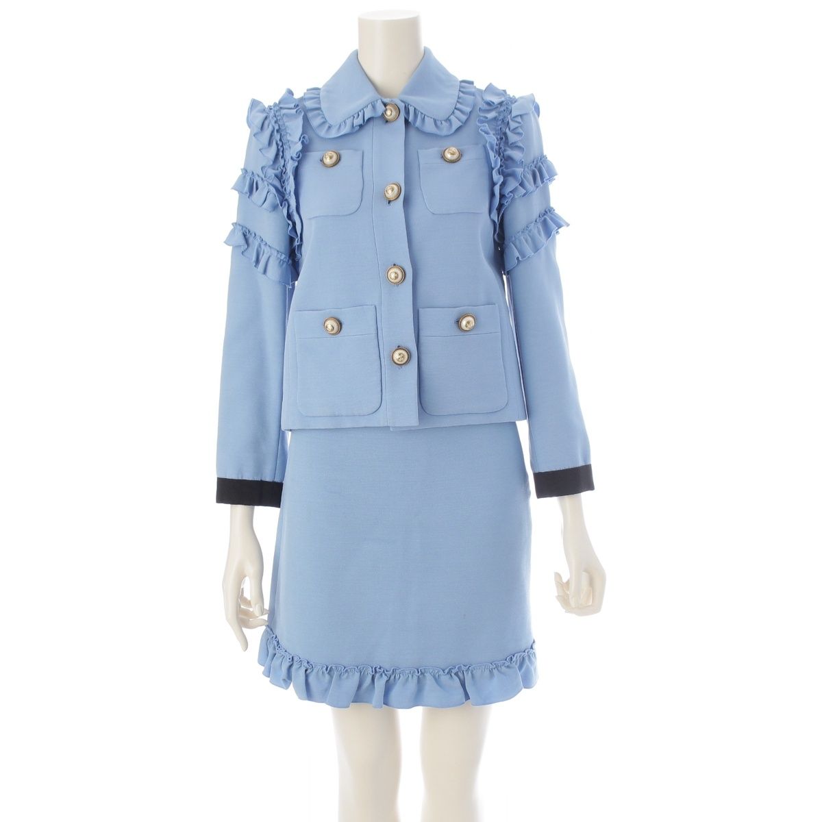 Gucci Interlocking G Silk Ruffle Jacket Skirt Set Knee Length Logo Button Blue
