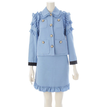 Gucci Interlocking G Silk Ruffle Jacket Skirt Set Knee Length Logo Button Blue