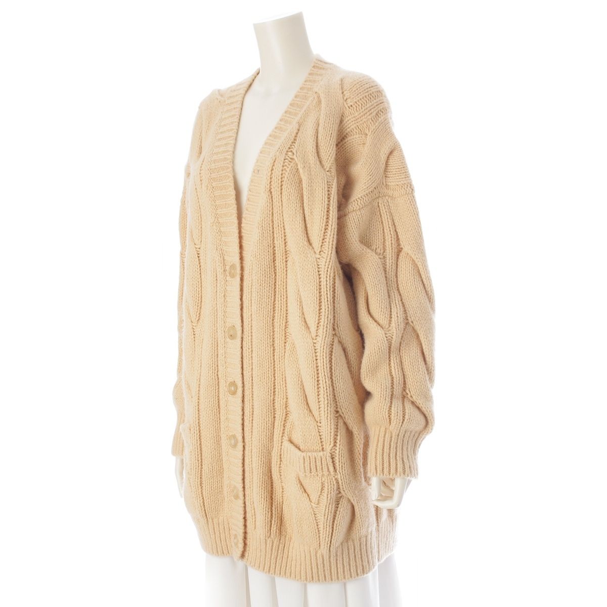Celine Cashmere Wool Cable Knit Long Cardigan Top Beige — view 2