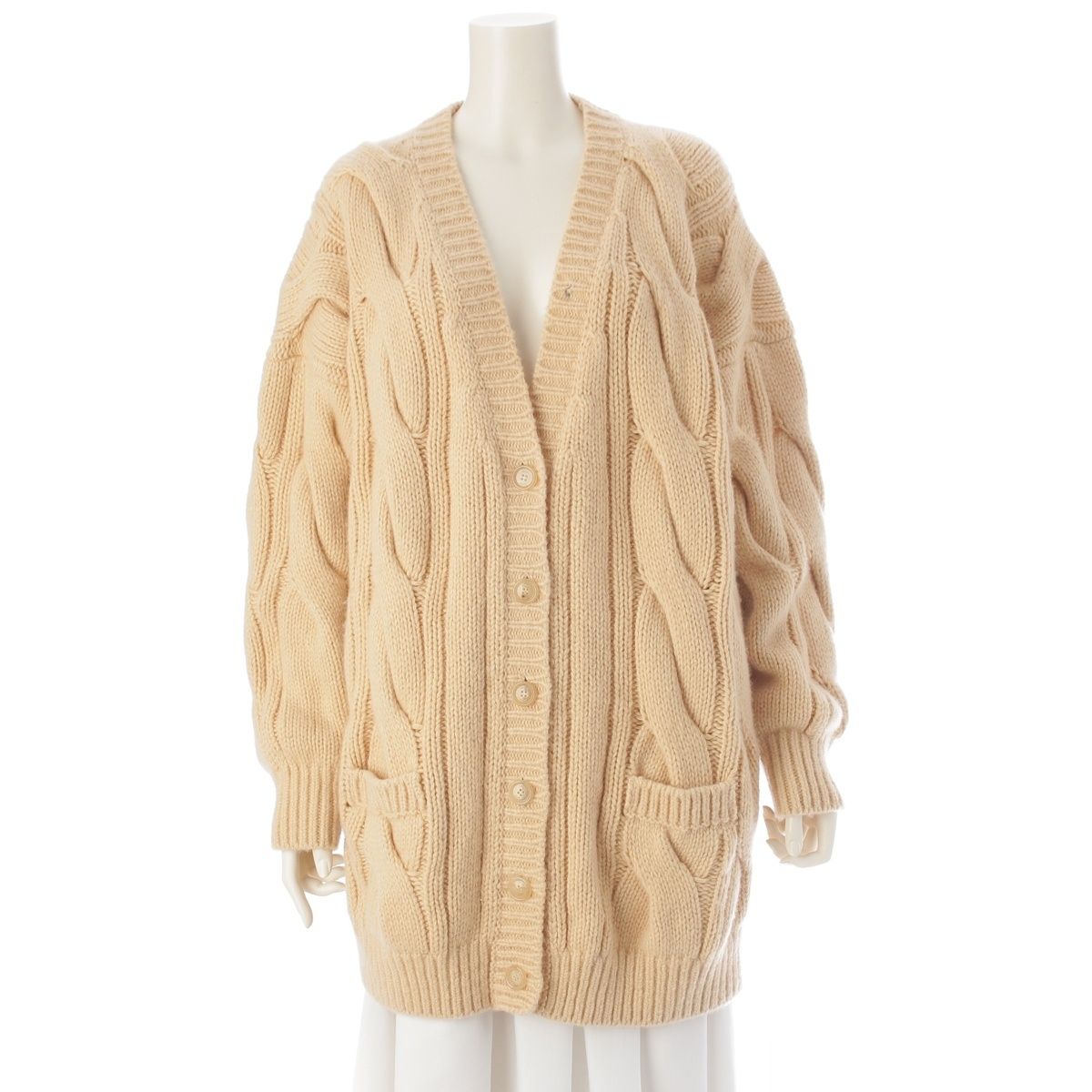 Celine Cashmere Wool Cable Knit Long Cardigan Top Beige