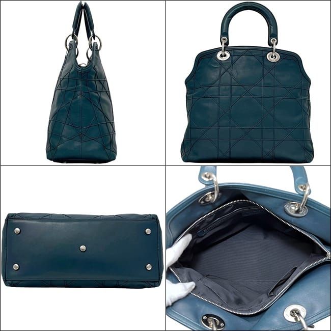 Dior Tote Granville Green Blue Cannage Handbag Leather Logo Charm Stitching — view 2