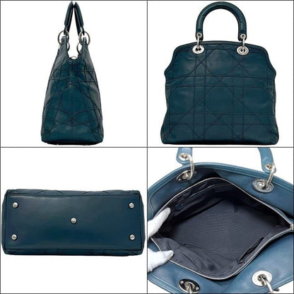 Dior Tote Granville Green Blue Cannage Handbag Leather Logo Charm Stitching — view 2