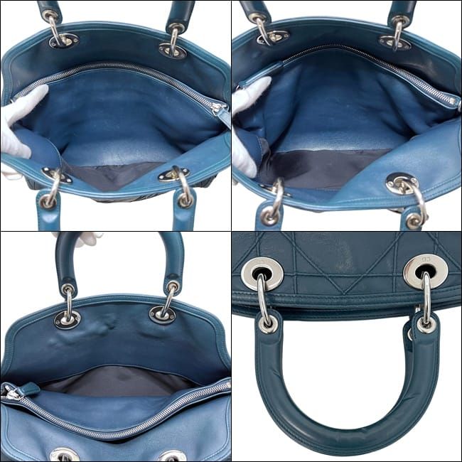 Dior Tote Granville Green Blue Cannage Handbag Leather Logo Charm Stitching — view 3