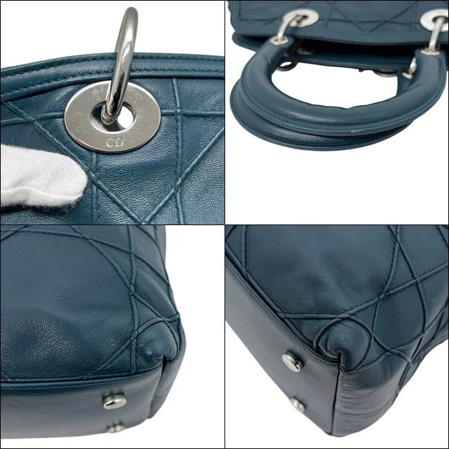 Dior Tote Granville Green Blue Cannage Handbag Leather Logo Charm Stitching — view 5