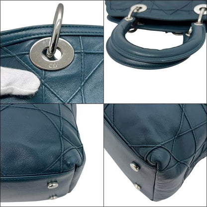 Dior Tote Granville Green Blue Cannage Handbag Leather Logo Charm Stitching — view 5