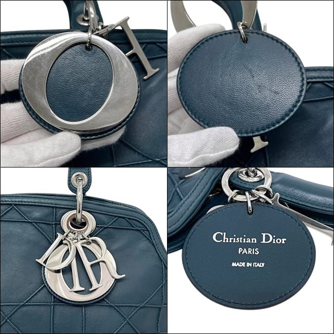Dior Tote Granville Green Blue Cannage Handbag Leather Logo Charm Stitching — view 6
