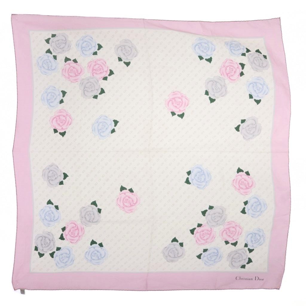Dior Scarf Rose Pattern Silk Pink Ivory