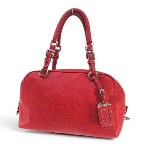 Prada Embossed Logo Mini Boston Bag Handbag Logo Red Leather