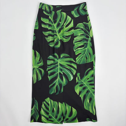 Dolce & Gabbana Leaf Pattern Skirt Long Tight Slit Silk Polyurethane Black Green — view 2