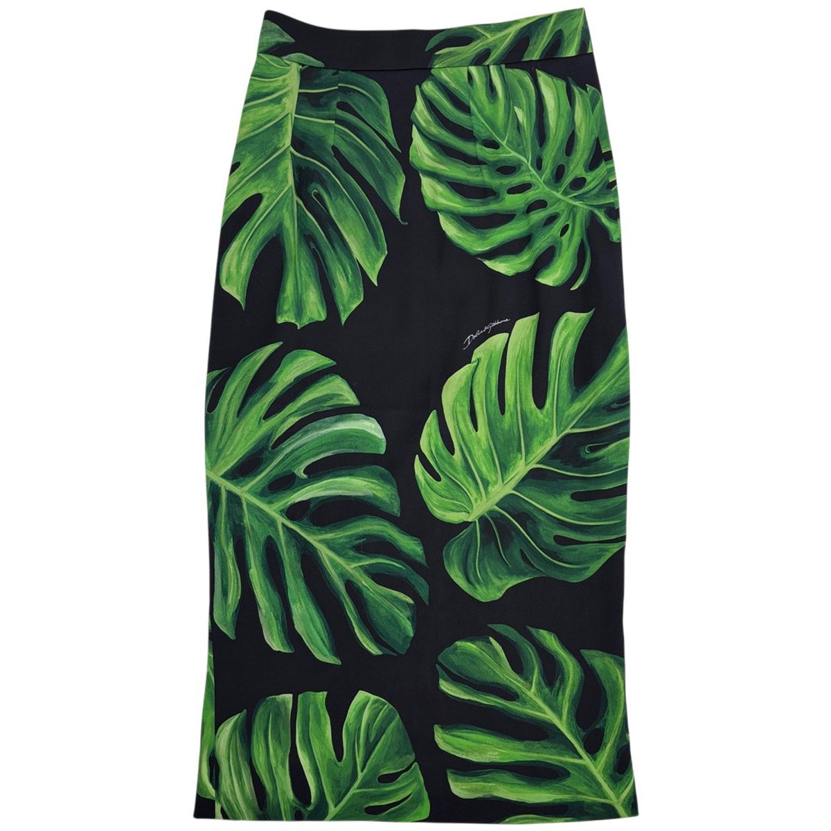 Dolce & Gabbana Leaf Pattern Skirt Long Tight Slit Silk Polyurethane Black Green