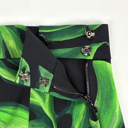 Dolce & Gabbana Leaf Pattern Skirt Long Tight Slit Silk Polyurethane Black Green — view 7