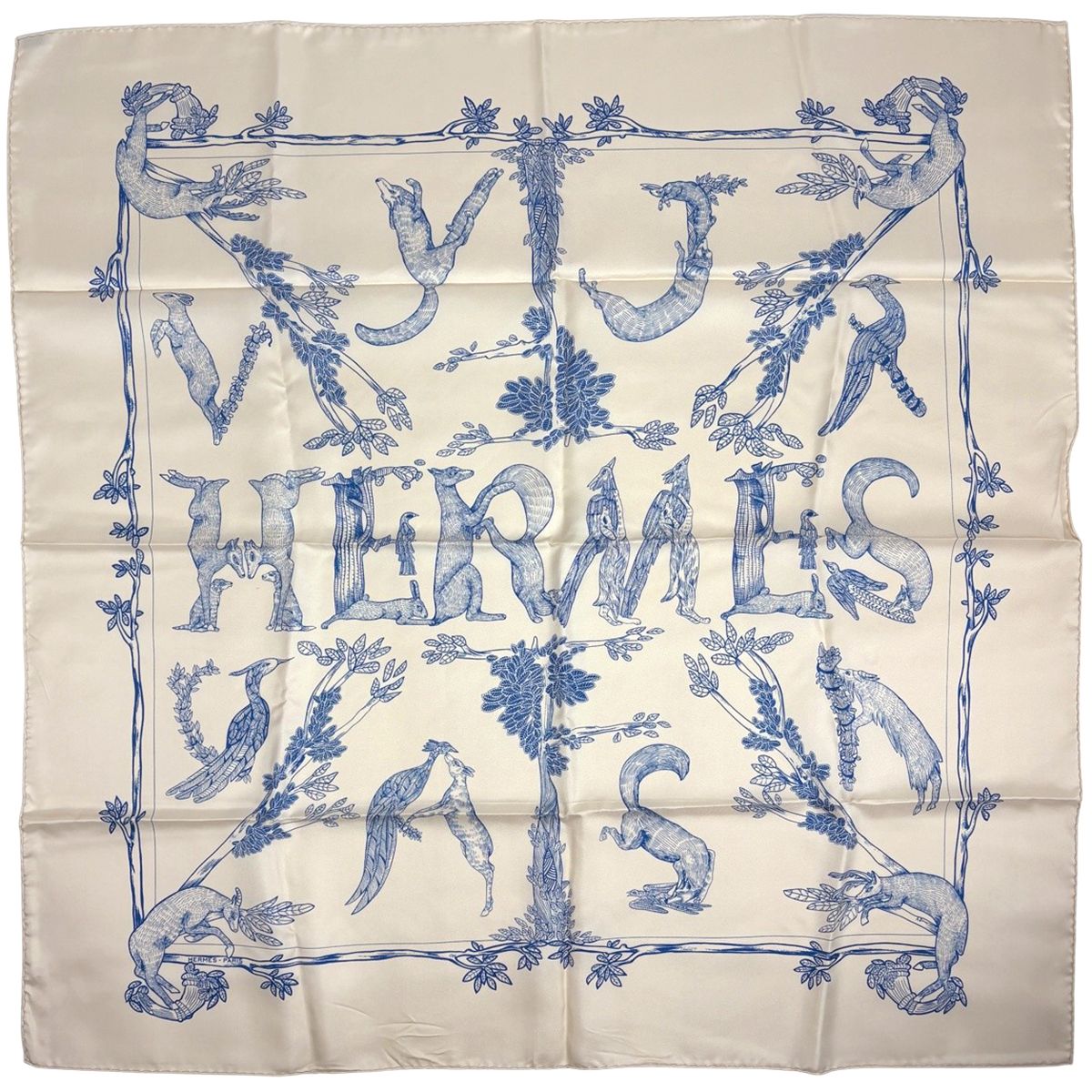 Hermes Carre 90 Animal Alphabet Scarf Silk Light Beige Blue