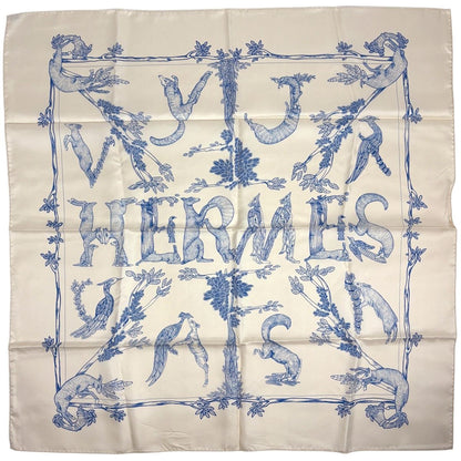 Hermes Carre 90 Animal Alphabet Scarf Silk Light Beige Blue