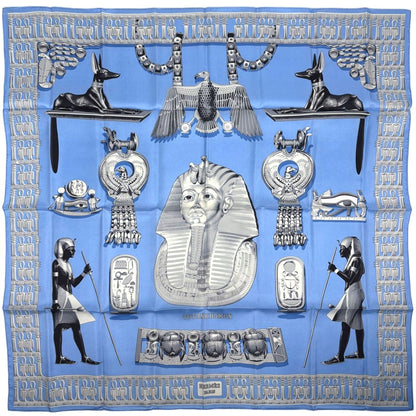 Hermes Carre 90 Tutankhamun Egypt Scarf Silk Light Blue Gray