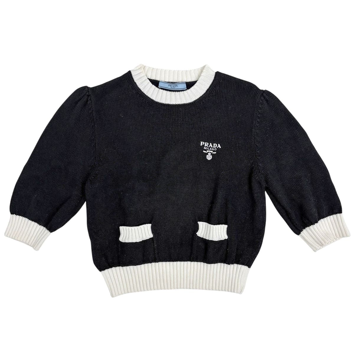 Prada Logo Crew Neck Sweater Short Sleeve Top Knit Cotton Black