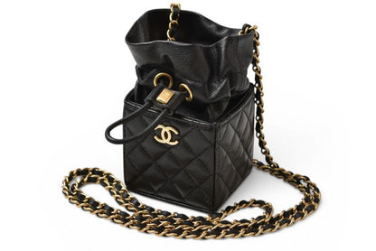 Chanel Chain Shoulder Bag Mini Cube Quilted Lambskin Black Gold
