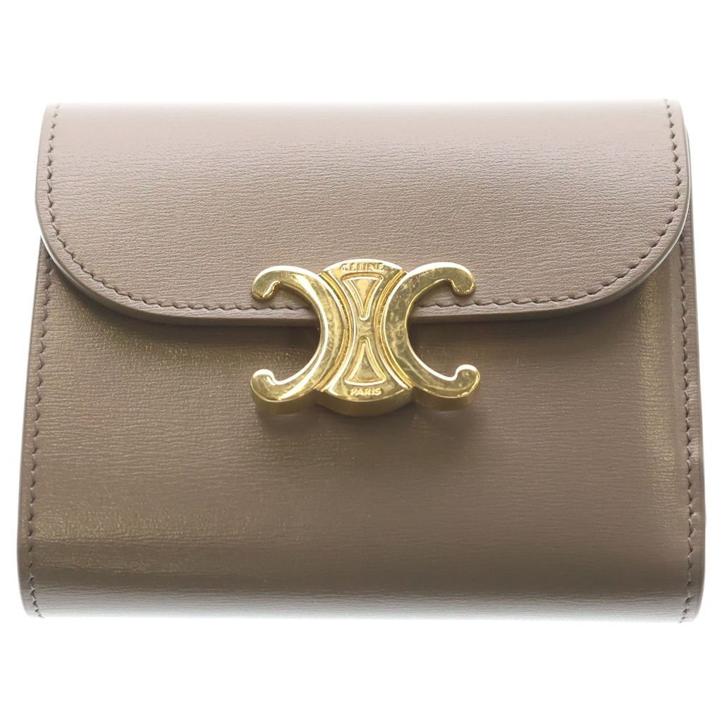 Celine Triomphe Small Flap Wallet Compact Trifold Gray Leather Gold