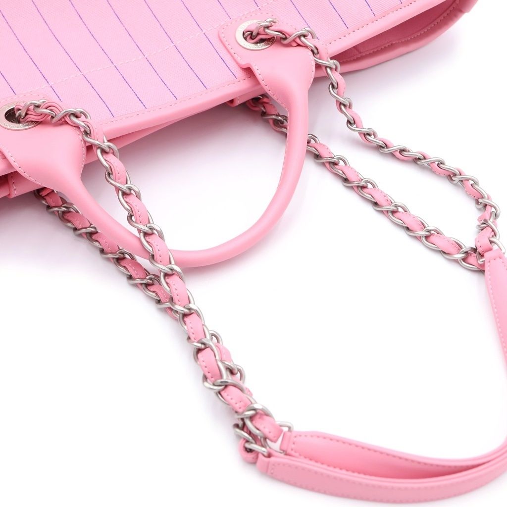 Chanel Deauville GM Canvas Leather Silver 2-Way Chain Tote Bag Plate Pink — view 6