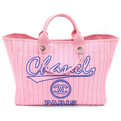 Chanel Deauville GM Canvas Leather Silver 2-Way Chain Tote Bag Plate Pink