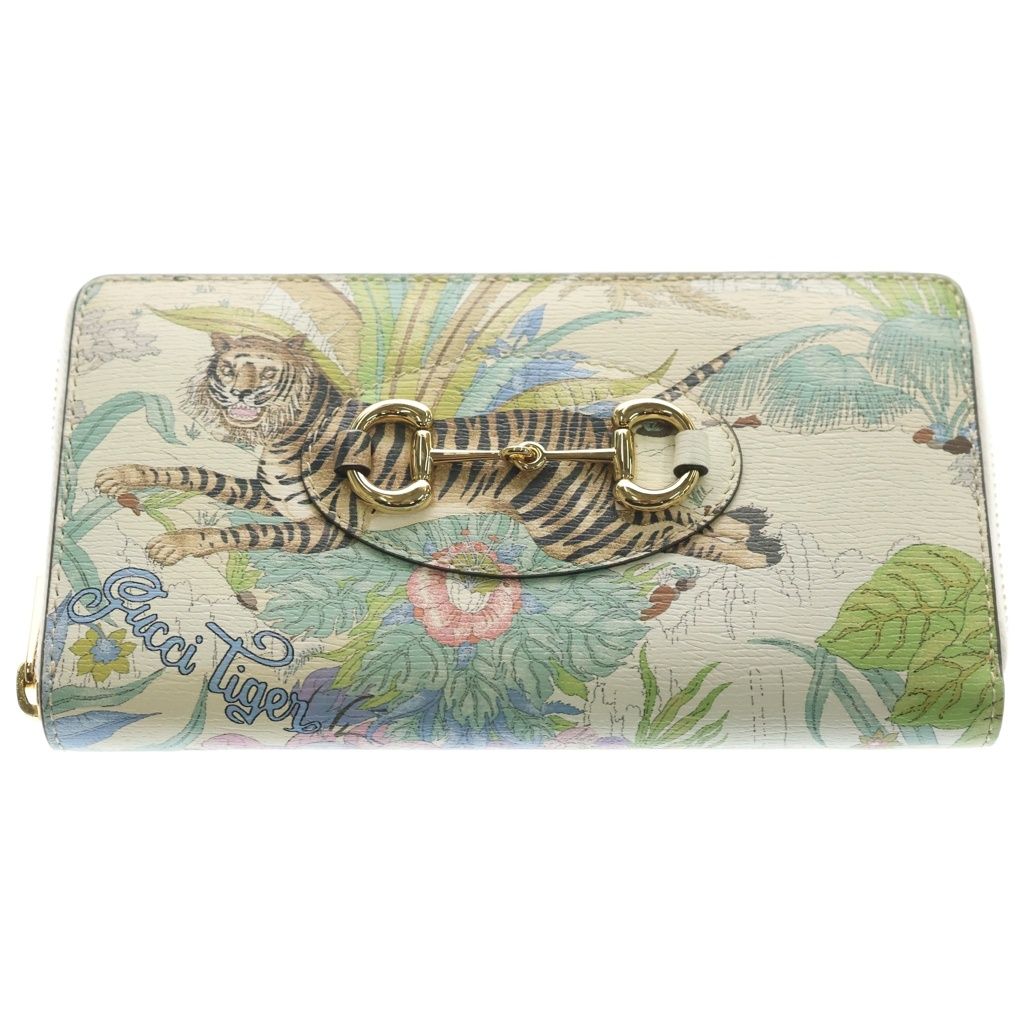 Gucci Horsebit 1955 Tiger Leather Gold Zip Around Wallet Ivory Multicolor