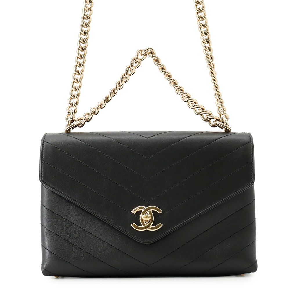 Chanel Chain Shoulder Bag Blanc CC Logo Leather Stitch Black 2-Way