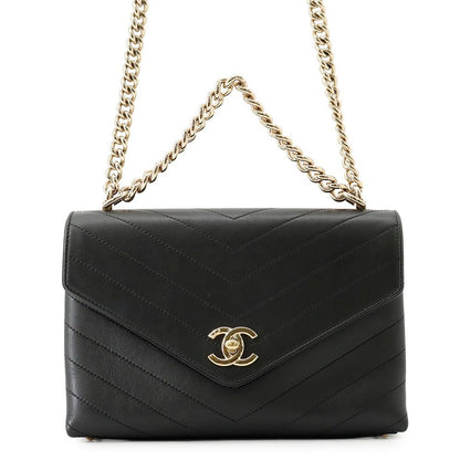 Chanel Chain Shoulder Bag Blanc CC Logo Leather Stitch Black 2-Way
