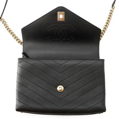 Chanel Chain Shoulder Bag Blanc CC Logo Leather Stitch Black 2-Way — view 6