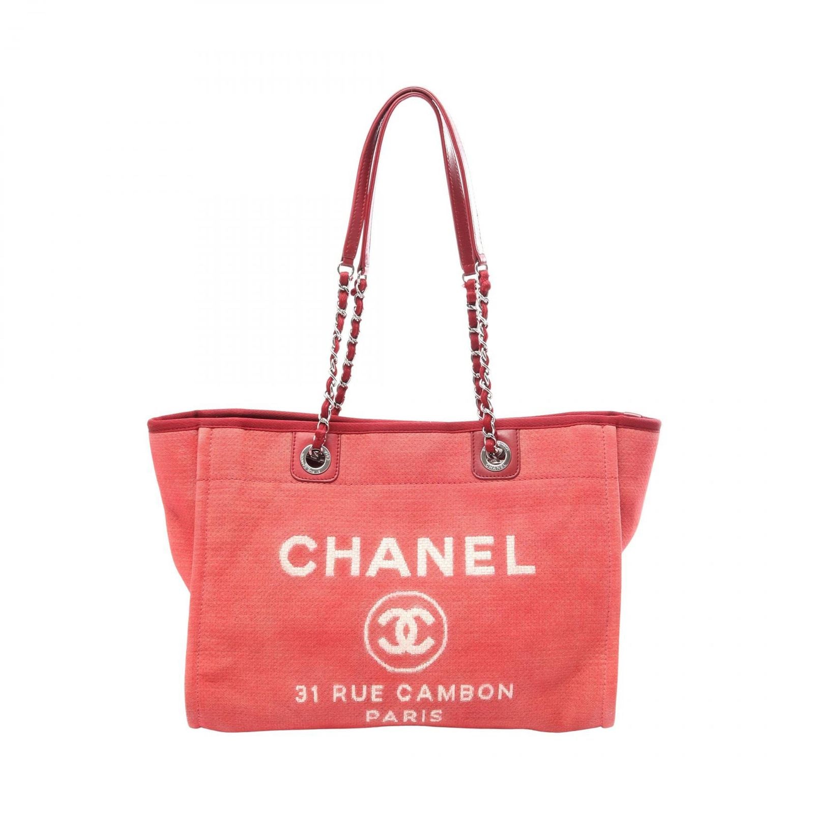 Chanel Tote Bag Deauville Red Canvas Leather Chain MM