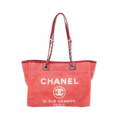Chanel Tote Bag Deauville Red Canvas Leather Chain MM