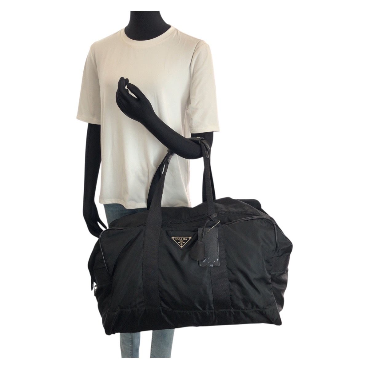 Prada Tessuto Saffiano Black Nylon Leather Boston Bag — view 7