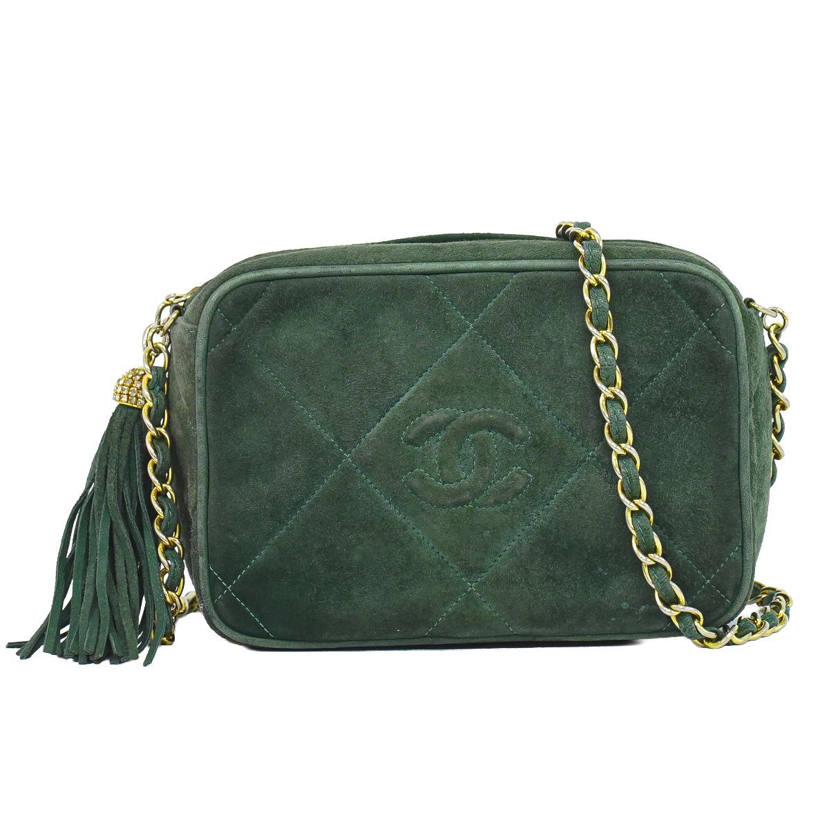 Chanel CC Logo Quilted Tassel Chain Shoulder Bag Pochette Suede Leather Green
