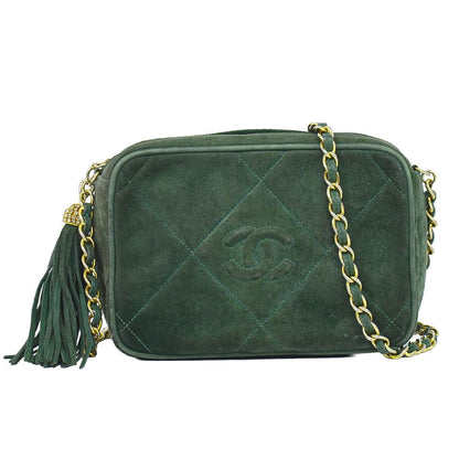 Chanel CC Logo Quilted Tassel Chain Shoulder Bag Pochette Suede Leather Green