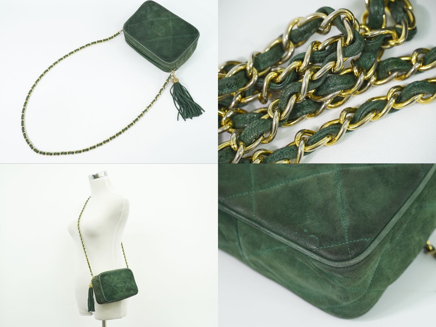 Chanel CC Logo Quilted Tassel Chain Shoulder Bag Pochette Suede Leather Green — view 6