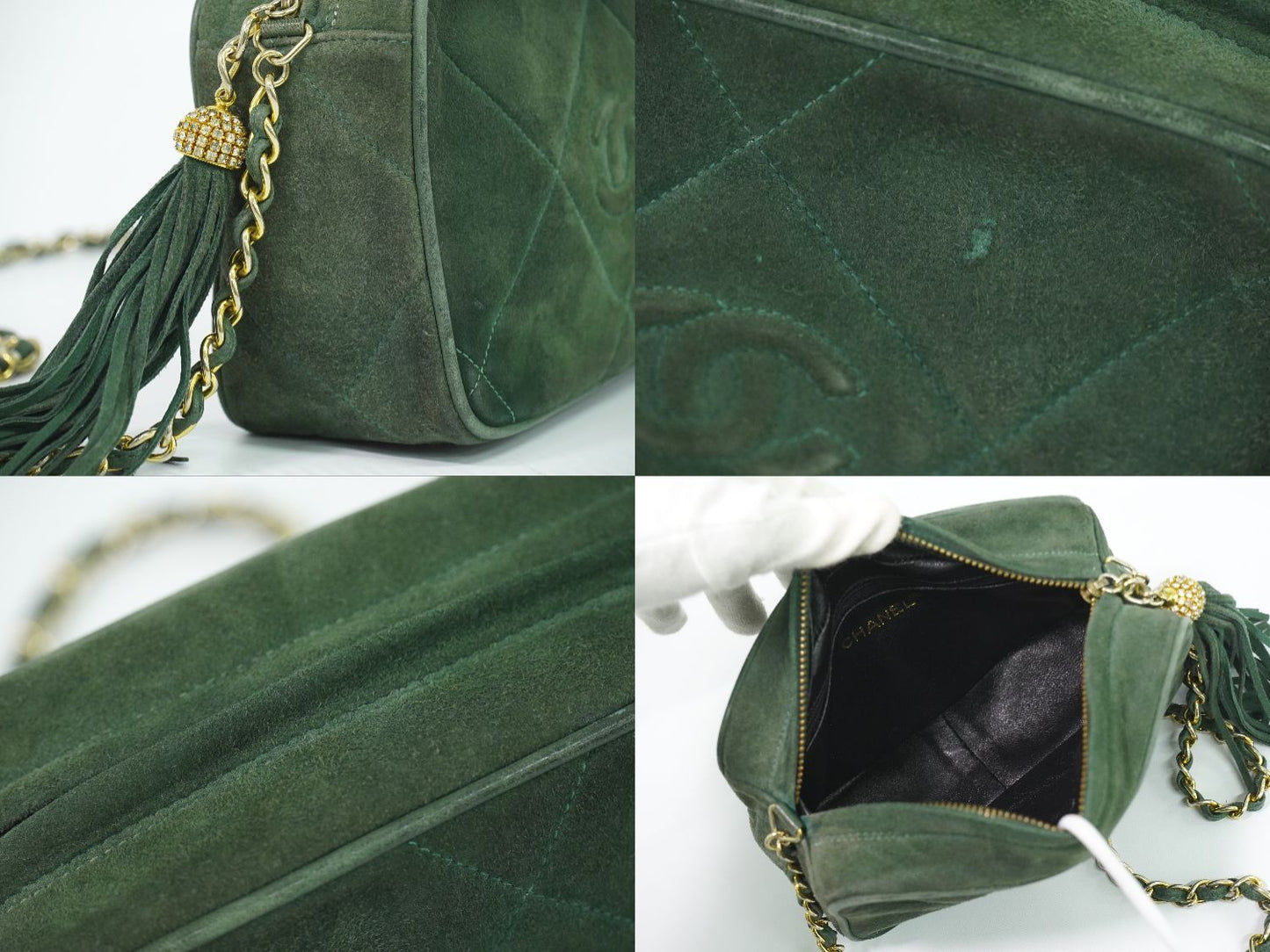 Chanel CC Logo Quilted Tassel Chain Shoulder Bag Pochette Suede Leather Green — view 7
