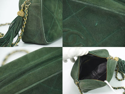 Chanel CC Logo Quilted Tassel Chain Shoulder Bag Pochette Suede Leather Green — view 7