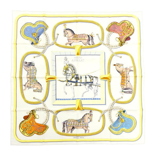Hermes Carre 90 Grand Apala Cream Gold Multicolor Silk Scarf